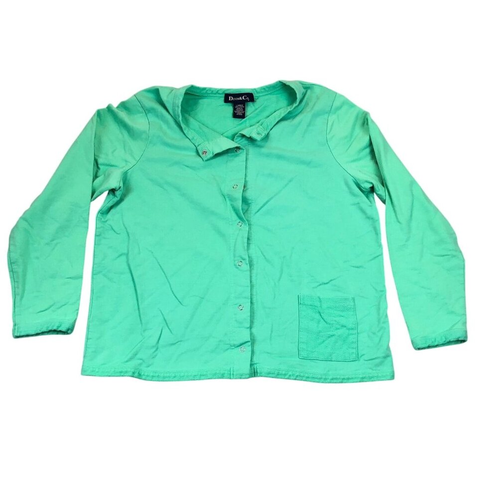 Denim & Co. Womens Blouse Large Button Front Green Snap Shirt Long Sleeve Casual